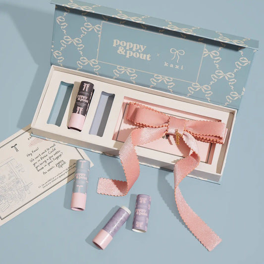 Poppy & Pout Gift Set, Coquette Lip Balm Trio + Kaxi Hair Bow